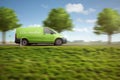 Carbon-neutral delivery with a green van driving on a country road with green trees Royalty Free Stock Photo