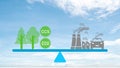 Carbon neutrality concept. Carbon dioxide reduction. CO2 gas emissions balance with carbon absorbed by trees and carbon capture