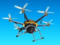 Carbon quadrocopter drone with digital camera in sky. Royalty Free Stock Photo