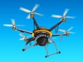 Carbon quadrocopter drone with digital camera in sky.