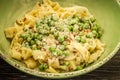 Carbonara with Fresh Peas and Fettuccine Noodles