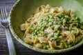 Carbonara with Fresh Peas and Fettuccine Noodles