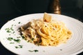 Carbonara pasta dish, mediterranean lunch details