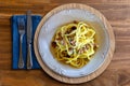 Carbonara pasta dish, typical Italian recipe with parmesan cheese, egg cream and bacon. Top view. Space for text Royalty Free Stock Photo