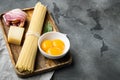 Carbonara pasta ingredients, on gray stone background, with copy space for text Royalty Free Stock Photo