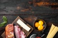 Carbonara pasta ingredients, on old dark  wooden table , top view flat lay, with copy space for text Royalty Free Stock Photo