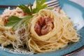 Carbonara pasta, spaghetti with bacon, egg, hard parmesan cheese and cream sauce. Royalty Free Stock Photo