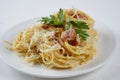 Carbonara pasta, spaghetti with bacon, egg, hard parmesan cheese and cream sauce. Royalty Free Stock Photo