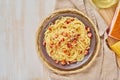 Carbonara pasta. Spaghetti with bacon, egg, parmesan cheese and cream sauce. Top view, copy space. Traditional italian cuisine Royalty Free Stock Photo