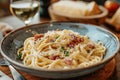 Carbonara pasta, spaghetti with pancetta, egg, hard parmesan cheese and cream sauce. Royalty Free Stock Photo