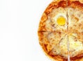 Carbonara pizza is located on the right on a white background. Pizza delivery
