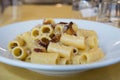 carbonara is Rigatoni alla carbonara is a specialty dish from lazio region and Roma sorround Royalty Free Stock Photo