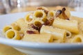 Carbonara is Rigatoni alla carbonara is a specialty dish from lazio region and Roma sorround Royalty Free Stock Photo