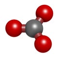 Carbonate anion, chemical structure. 3D rendering. Atoms are represented as spheres with conventional color coding: carbon (grey