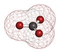 Carbonate anion, chemical structure. 3D rendering. Atoms are represented as spheres with conventional color coding: carbon (grey