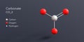 carbonate molecule 3d rendering, flat molecular structure with chemical formula and atoms color coding