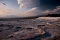 Carbonate travertines the natural pools during sunset, Pamukkale