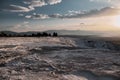 Carbonate travertines the natural pools during sunset, Pamukkale