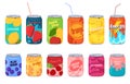 Carbonated drinks in aluminum cans. Sweet colored waters for thirsty people. Vector illustration