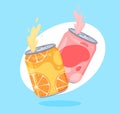 Carbonated drinks in aluminum cans. Sweet colored waters for thirsty people. Vector illustration