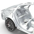 Carcass af a sedan car with Chassis on white. 3D illustration