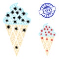 Carcass Mesh Icecream Pictograms with Coronavirus Parts and Grunge Round Tasty Seal