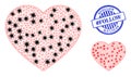 Carcass Mesh Love Heart Pictograms with Coronavirus Items and Scratched Round hashtag Follow Stamp