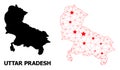 Carcass Polygonal Map of Uttar Pradesh State with Red Stars