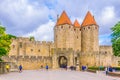 CARCASSONNE, FRANCE, JUNE 28, 2017: Porte Narbonnaise leading to the old town of Carcassonne, France