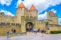 CARCASSONNE, FRANCE, JUNE 28, 2017: Porte Narbonnaise leading to the old town of Carcassonne, France