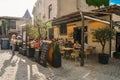 Restaurant terrace in Carcassonne, a hilltop town in southern France, is an UNESCO World Heritage Site