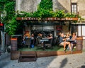 Restaurant terrace in Carcassonne, a hilltop town in southern France, is an UNESCO World Heritage Site