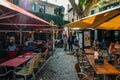 Restaurant terrace in Carcassonne, a hilltop town in southern France, is an UNESCO World Heritage Site