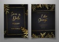Luxury golden floral wedding invitation card template with geometric line design vector.