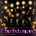 Cute Merry Christmas card. Gold and purple letters, serpentine, bows and balls.