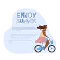 Card with active modern romantic african girl on blue bike with flowers in basket with place for text. Modern flat illustration