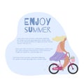 Card with active modern romantic girl on pink bike with flowers in basket with place for text. Modern flat illustration side view Royalty Free Stock Photo