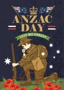 Card of Anzac day. Soldier mourns the fallen comrades