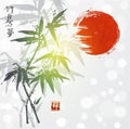 Card with bamboo and red sun