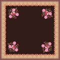 Card, bandana print, kerchief design, napkin with cute bunch of flowers and paisley ornamental border on brown background