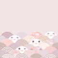 Card banner, baby shower. Kawaii with pink cheeks and winking eyes simple Nature trend background with japanese sakura flower,