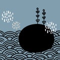 Card banner design, sky ocean waves japanese doodle scandinavian style, white gray black blue background. simple ornament trend of
