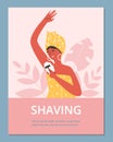 Banner with woman removing hair using home depilator, flat vector illustration.