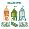 Card with beach huts, colourful stones and wooden boat.