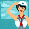 Card with beautiful pin up sailor girl 1950s style Royalty Free Stock Photo