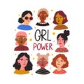 Card with beautiful women of different ages, skin color, hairstyles, face types. Postcard with feminist GRL Power quote Royalty Free Stock Photo