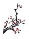 Card with blossoming oriental cherry branch in traditional japanese sumi-e style