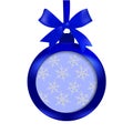 Card. Blue ball with a bow and place for an inscription on a white background. Hanging on a ribbon. Christmas tree toy Royalty Free Stock Photo