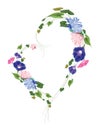 wreath heart shaped frame made from flowers, leaves and curly stems -astra, vine, ivy, green, pink, blue Royalty Free Stock Photo
