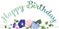 Arch of inscription, and flowers of gentle drawn in vector-aster and curly convolvulus, leaves, stems, text- Happy birthday -